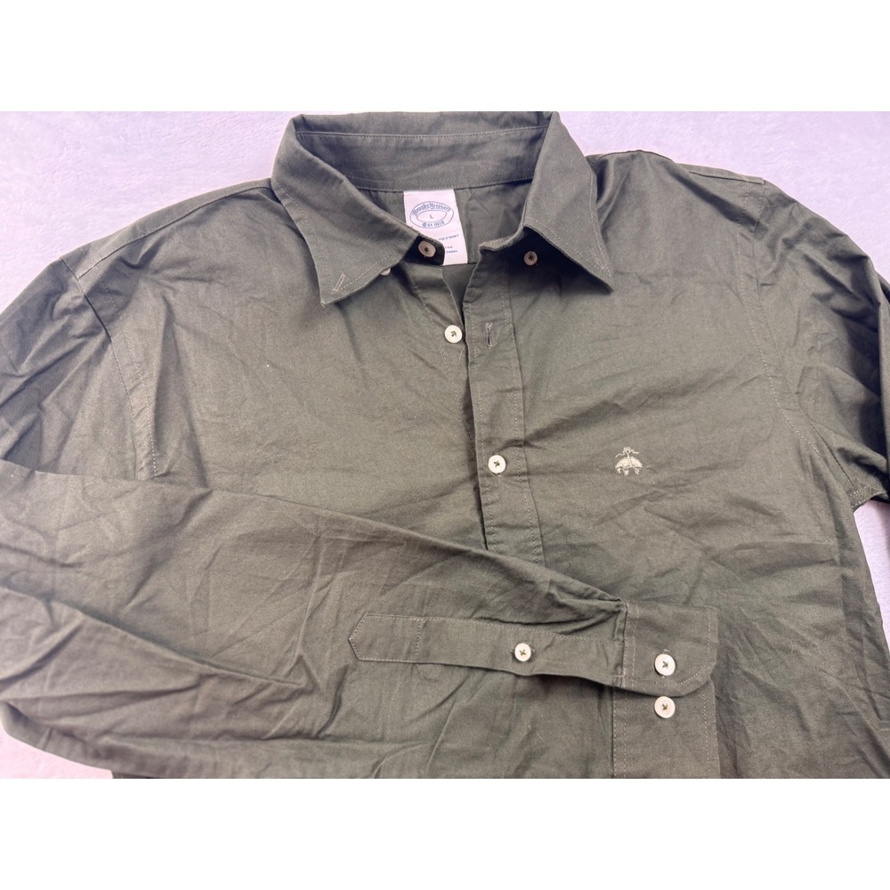 Brooks Brothers Mens L Olive Green Cotton Long Sleeve Button Down Polo Shirt
